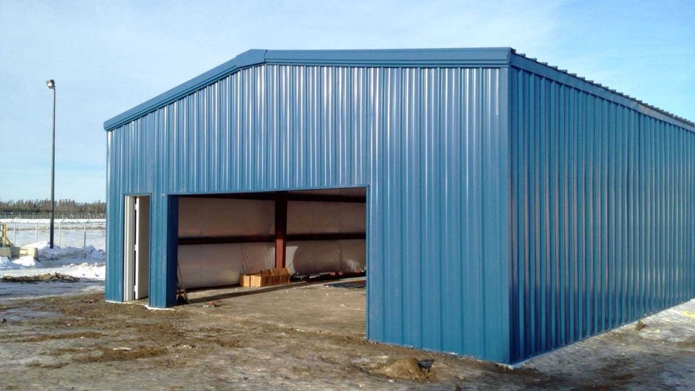 Blue corrugated steel godown shed