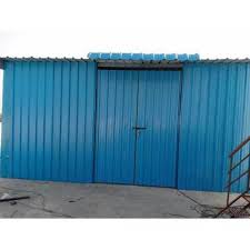 Small blue corrugated metal storage unit